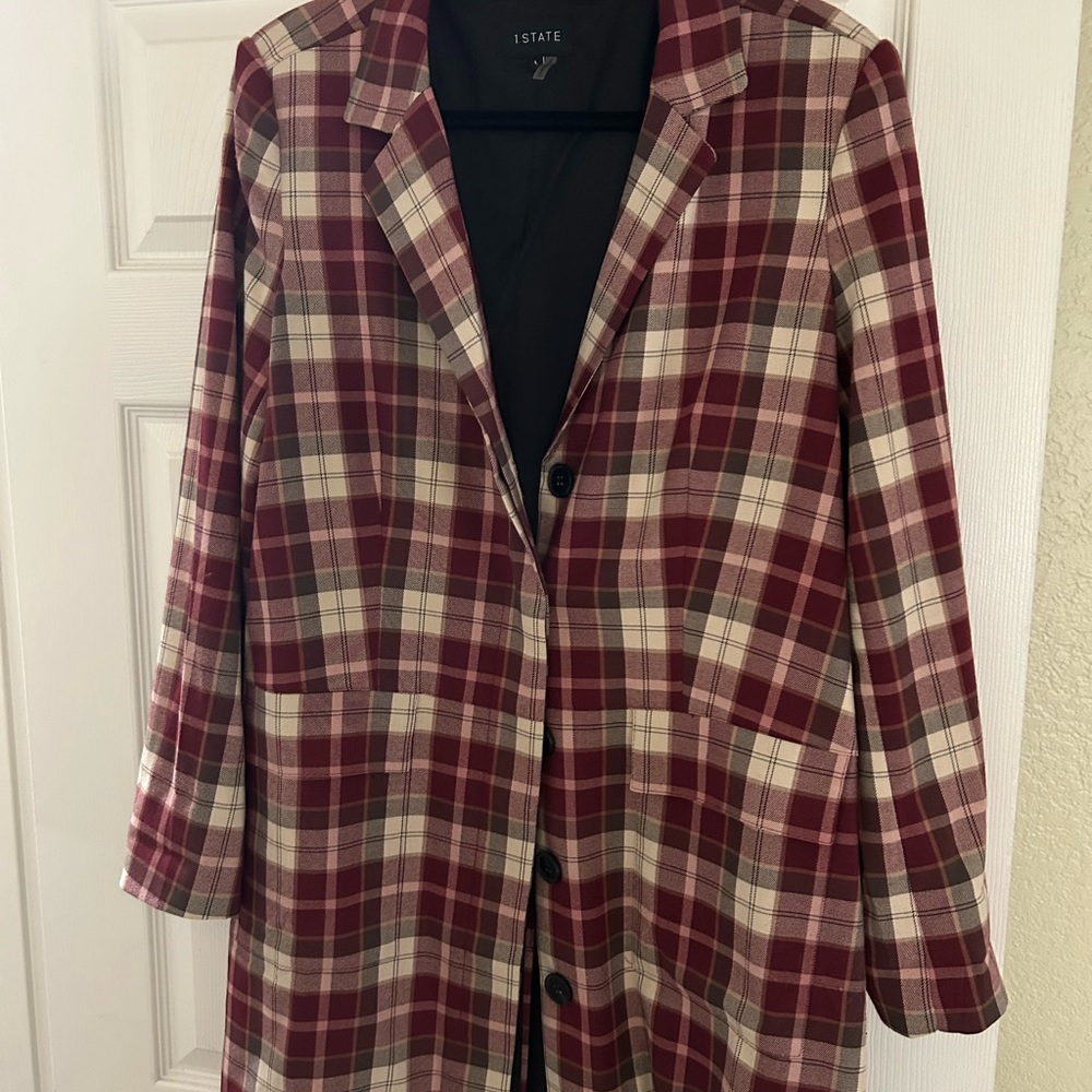 1. State Burgundy Black and Cream Plaid Jacket/coat